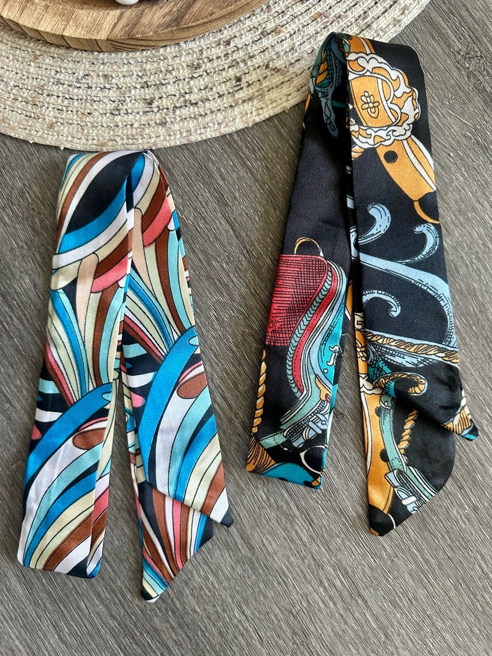 Colorful Patterned Silk Twilly Set of 2 - Blue, Black, Gold, Teal  NWT